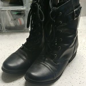 Black faux leather combat boots